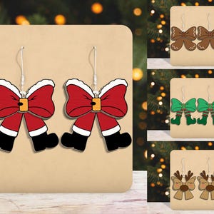 Orecchino con fiocco Merry Christmas Conquette Svg, gioielli per le gambe dei personaggi natalizi, stile orecchio per costume in legno Svg, file di gioielli di Natale tagliati al laser Svg
