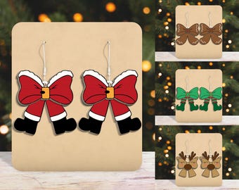 Merry Christmas Conquette Bow Earring Svg, Christmas Character Leg Jewelry, Wooden Costume Ear Style Svg, Xmas Jewelry Lasercut File Svg
