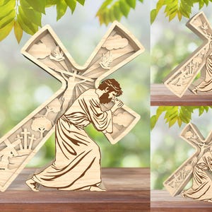 Jesús multicapa con cruz de pie Svg, Feliz día de Pascua Svg, Historia de Jesús Svg, Él ha resucitado Svg, Glowforge Svg, Cristianismo Svg, Decoración de Pascua
