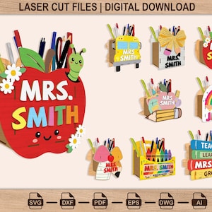 Lärarpennhållare SVG-paket, personlig Apple-skrivbordsorganisatör laserskuren fil, tillbaka till skolan-present Glowforge xTool Cricut