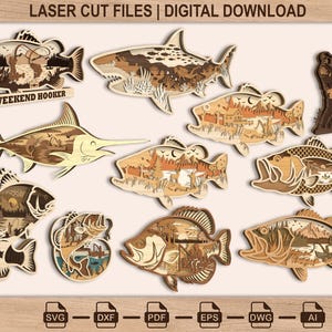 Peut inclure: Une collection de motifs de poissons et de requins en bois superposés présentant des scènes de pêche en plein air. Le texte LASER CUT FILES | DIGITAL DOWNLOAD figure en haut, avec les icônes de format SVG, DXF, PDF, EPS, DWG et AI en bas.