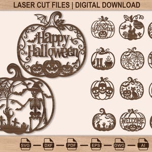 May include: A collection of brown laser cut pumpkin designs for digital download. The set includes various Halloween themes like skeletons, haunted houses, spider webs, and bats. Text includes Happy Halloween and Welcome. File formats are listed.
