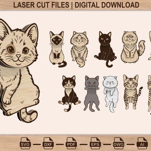 Op de afbeelding: Een verzameling lasergesneden kattenontwerpen, waaronder een grote houten kattenuitsparing en verschillende geïllustreerde kattenrassen. De afbeelding bevat de tekst "LASER CUT FILES | DIGITAL DOWNLOAD" en pictogrammen voor bestandstypen.