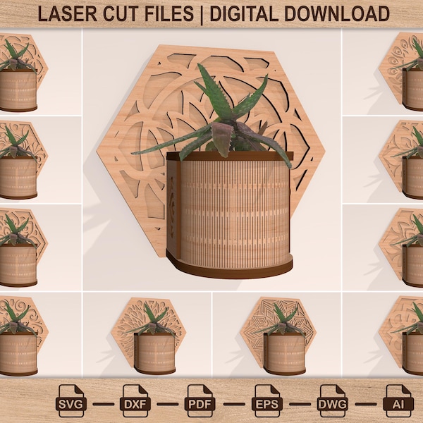 Geometric Wooden Plant Holder SVG, Mandala Wall Decor Laser Cut File, Hexagon Wall Planter SVG, Modular Plant Holder SVG, Glowforge xTool