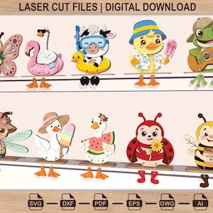 May include: Laser cut files featuring whimsical animal characters, including a butterfly, flamingo, cow, duck, frog, bee, and ladybug. Each character is designed with unique accessories and details. The text "LASER CUT FILES | DIGITAL DOWNLOAD" is at the top.