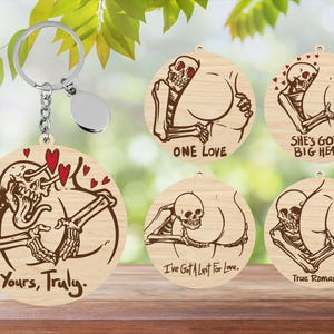 Valentinstag Skelett Schlüsselbund geschnitten Datei, lustige Valentinstag Schmuck, Holz Schlüsselbund Dekor, Jubiläum Geschenk, Sexy Beute Schlüsselbund etc