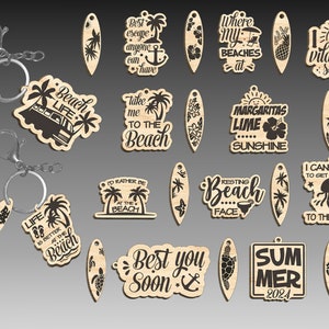Portachiavi estivo in formato Svg tagliato al laser, portachiavi in legno inciso, citazioni e detti estivi in Svg, portachiavi per amanti del surf in formato Svg, file digitale Glowforge