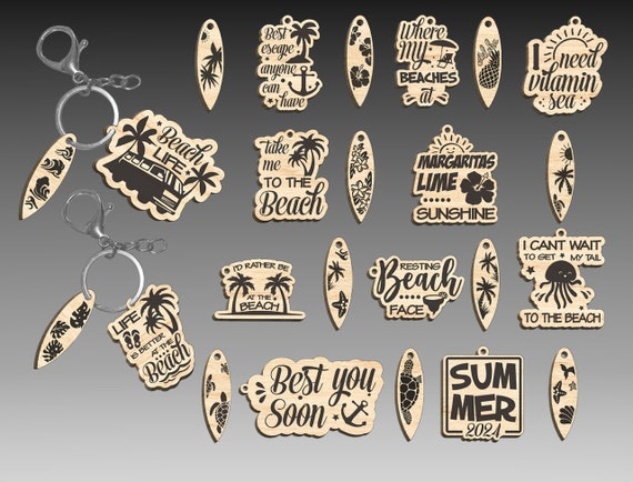Summer keychain Lasercut Svg Bundle,Engraved Wooden Keyring,Summer Quotes And Sayings Svg,Surfing Lover Keychains Svg,Digital File Glowforge
