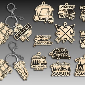 Paquete de llavero de camping Svg cortado con láser, Llaveros de viaje Svg, Llavero de madera grabado, Citas y refranes de camping Svg, Archivo digital Glowforge