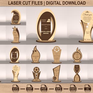 May include: A collection of laser-cut wooden awards in various shapes, including stars, flames, and abstract designs. Some awards feature text like "Excellence Award" and "Thank you." The image also includes file format icons for digital download.