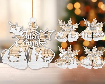 Music Sheet Nativity Ornaments Cutfile Svg, Christmas Bell Ornament Svg, Christian Ornament Svg ,Nativity Scene Ornament Svg,Glowforge File