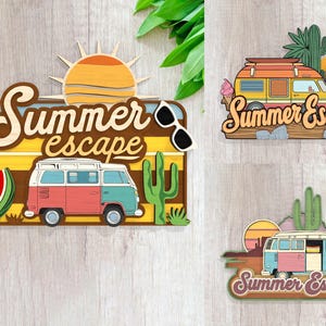 Decoración de escape de verano cortada con láser, coche de hola verano, colgador de puerta de bienvenida Svg, letrero de bienvenida cortado con láser, archivo SVG de Glowforge