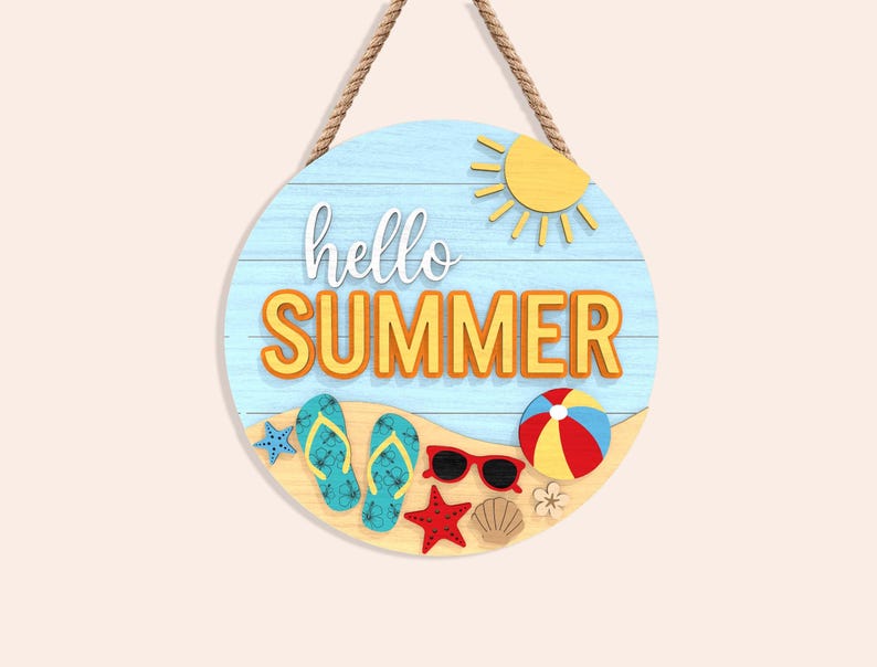 Hello Summer Door Hanger SVG Bundle, Round Wooden Welcome Sign Laser ...
