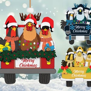 Fichier de décorations de Noël découpé au laser Svg, joyeux poussins ornements Svg, ornement de camion de poulet, cadeau de Noël, décoration de Noël, fichier Glowforge