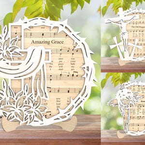 Pâques gardienne d'étagère SVG, scène de Pâques SVG, partition de musique Pâques déco SVG, musique croix SVG, SVG debout chrétien, fichier Glowforge découpé au laser