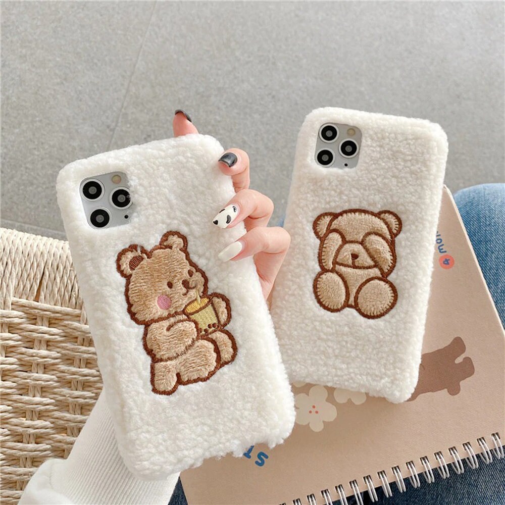 Iphone 12 Pro Max Case Cute Cute Embroidery bear Fuzzy Phone Case For iphone 12 11 Pro Max | Etsy