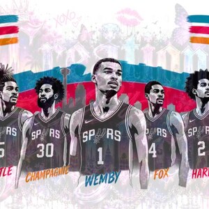 May include: Illustration of five basketball players in black and gray jerseys with the word "SPURS" on them. The players are numbered 5, 30, 1, 4, and 2, with their last names below. The background features a colorful design with the text "XOXO".