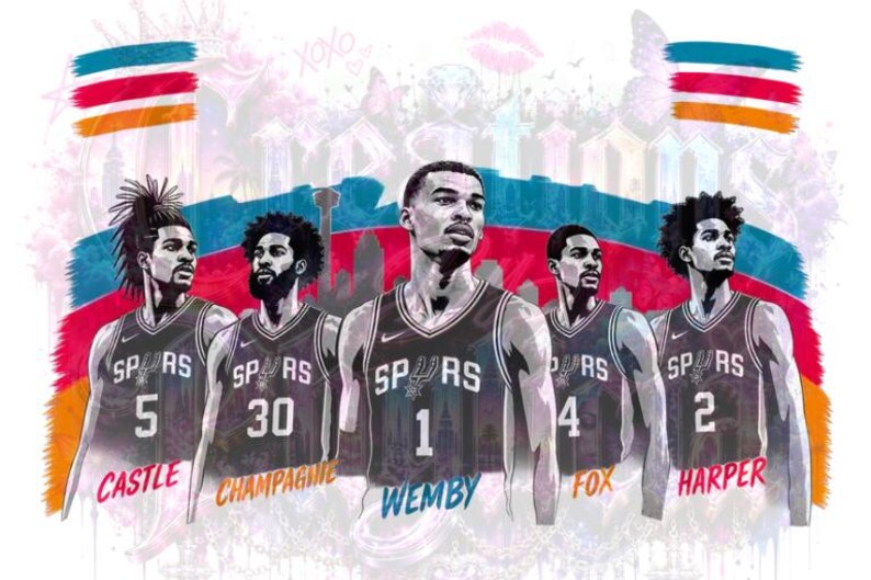 May include: Illustration of five basketball players in black and gray jerseys with the word "SPURS" on them. The players are numbered 5, 30, 1, 4, and 2, with their last names below. The background features a colorful design with the text "XOXO".