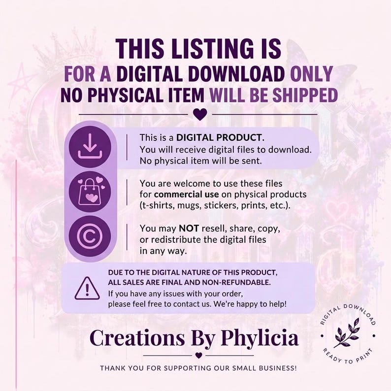 Puede incluir: Anuncio de venta para una descarga digital, indicando que no se enviar&aacute; ning&uacute;n art&iacute;culo f&iacute;sico. El texto explica el producto digital, su uso y los derechos comerciales. Incluye el nombre del vendedor.