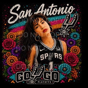 Puede incluir: Dise&ntilde;o gr&aacute;fico con una mujer con una camiseta de baloncesto en blanco y negro con el texto "San Antonio" encima. El dise&ntilde;o incluye flores coloridas y las palabras "GO GO PLAYOFFS".