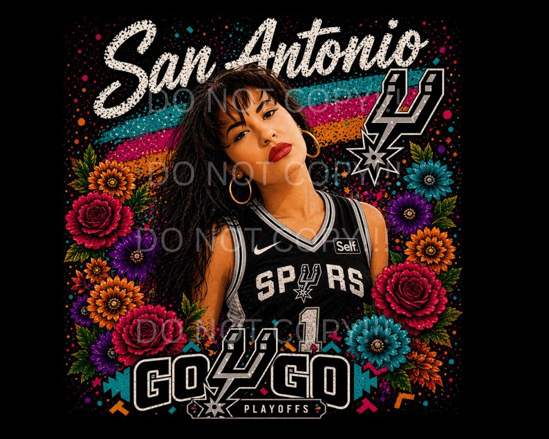 Puede incluir: Dise&ntilde;o gr&aacute;fico con una mujer con una camiseta de baloncesto en blanco y negro con el texto "San Antonio" encima. El dise&ntilde;o incluye flores coloridas y las palabras "GO GO PLAYOFFS".