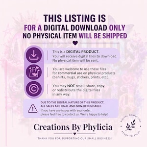 May include: Digital download listing with text: "THIS LISTING IS FOR A DIGITAL DOWNLOAD ONLY NO PHYSICAL ITEM WILL BE SHIPPED." Includes information about digital product use, commercial use, and sales terms. Features the Creations By Phylicia logo.