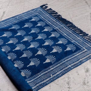 Cotton Area Rug, Indigo Block Printed with Palm Tree Design, Handmade Boho Floor, Cotton Rug for Living Room, Eco-Friendly Home Decor