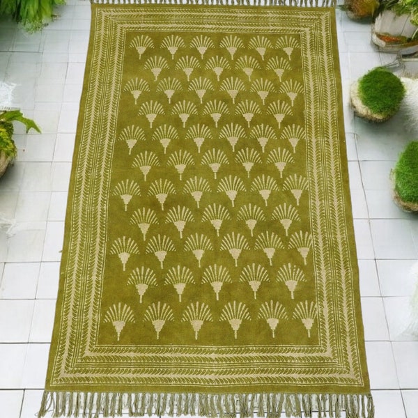 Organic Cotton Green Rug | Block Printed Rug For Living Room Bedroom Kitchen Cotton Rug