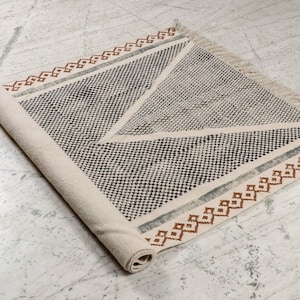 Block printed rug, 6x9 cotton area rug, handmade organic, distressed Turkish-inspired design, boho home decor, hallway or living room Runner