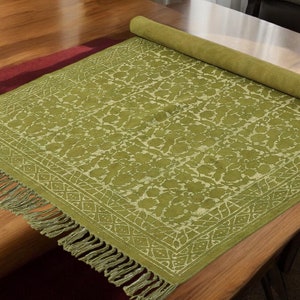 Cotton Area Rug, Green Block Print Rug, Large Boho Floor, Handmade Cotton Rugs for Living Room, Bedroom, Kitchen Decor, Handwoven