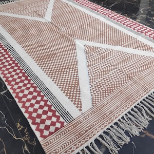Cotton Rug, Hand Block Printed Square Rug, Vintage Style Floor Mat, Boho Home Decor, Handmade Cotton Rugs for Living Room, Kitchen, Hallway