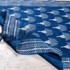 Cotton Rug, Hand Block Printed Indigo Blue Rug with Palm Tree Design, Vintage Style 9x12 Area Rugs for Living Room or Bedroom Decor