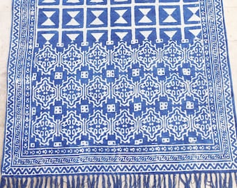 Tapis en coton indigo imprimé bloc, tapis Boho Dhurrie, décoration de salon intérieur géométrique faite main
