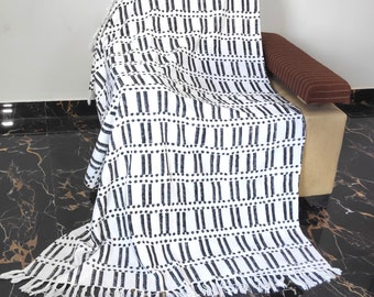 Hand Block Print Cotton Throw: Black and White Mudcloth, Fringed 50x70"