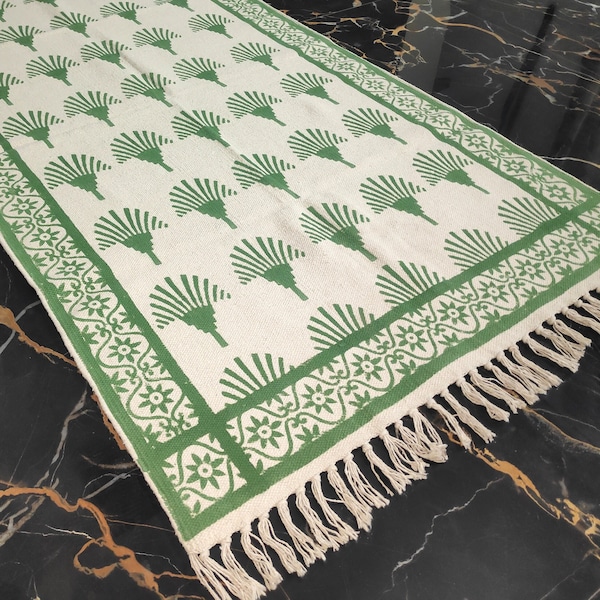 3x5 Ft Rug, Hand Block Print Cotton Green Rug, Area Rug 3x5, Small Area Rug, Washable Cotton Rugs, Olive Green Rug 3x5, Palm Tree Rug 3x5