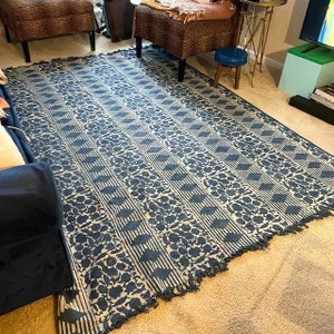 Cotton Rug Indigo Blue Rugs, Hand Block Printed 9x12 Large Area Rug for Living Room Bedroom Hallway, Vintage Style Home Decor