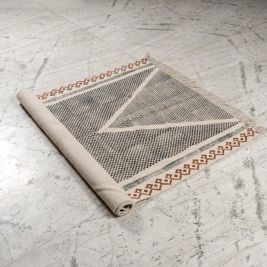 Block Printed Rug Cotton Rug, Large Area Rug Handmade Vintage Boho ...