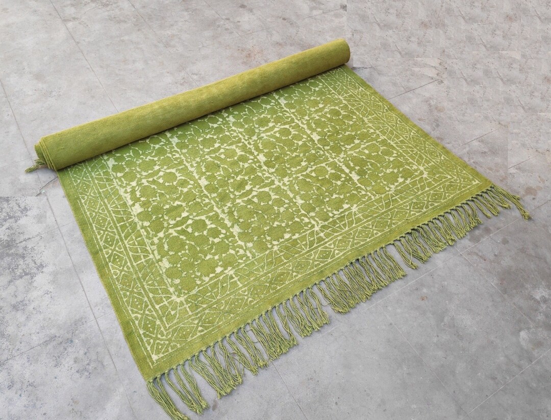 Dabu Rug 5x8 Rug Organic Handmade Dabu Print Block Print Green Rug Cotton Area ...
