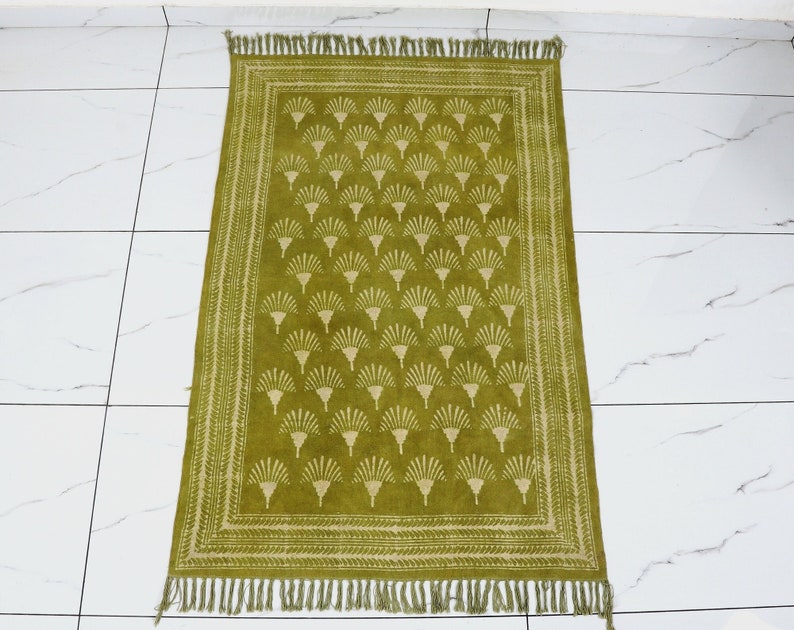 Organic Cotton Green Rug | Block Printed Rug For Living Room Bedroom Kitchen Cotton Rug image 2