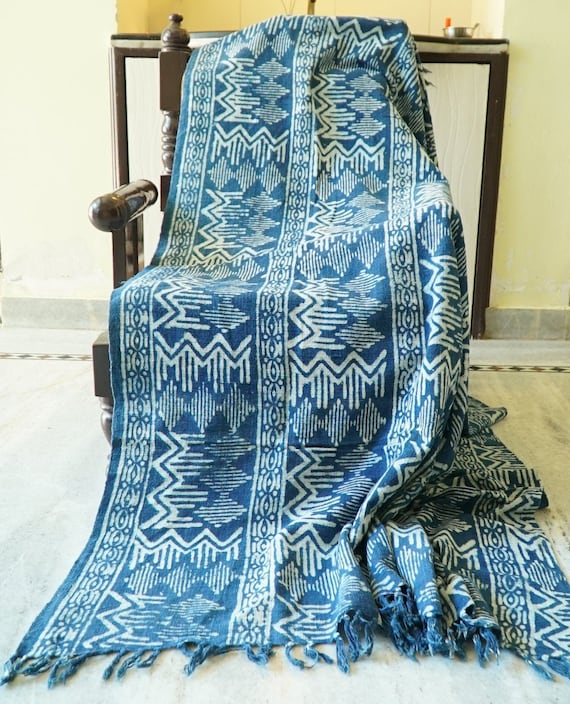 Natural Indigo Block Print Throw Blanket Natural Indigo Block Print Throw Blanket