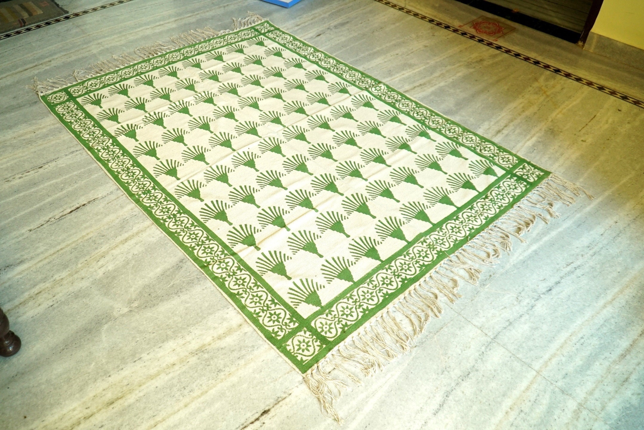 Block Printed Rug Cotton Rug | Green Rug for Living Room, Kitchen ...