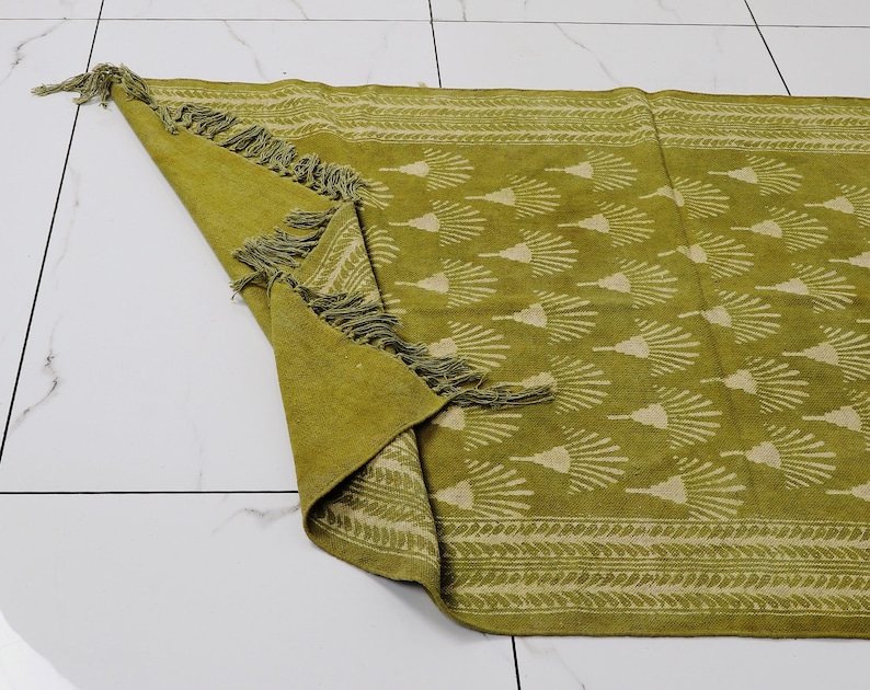 Organic Cotton Green Rug | Block Printed Rug For Living Room Bedroom Kitchen Cotton Rug image 8
