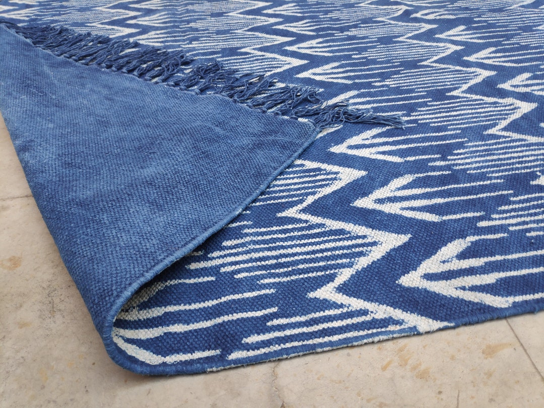 Blue Indigo Block Printed Cotton Area Rug Hand Woven Blue Etsy