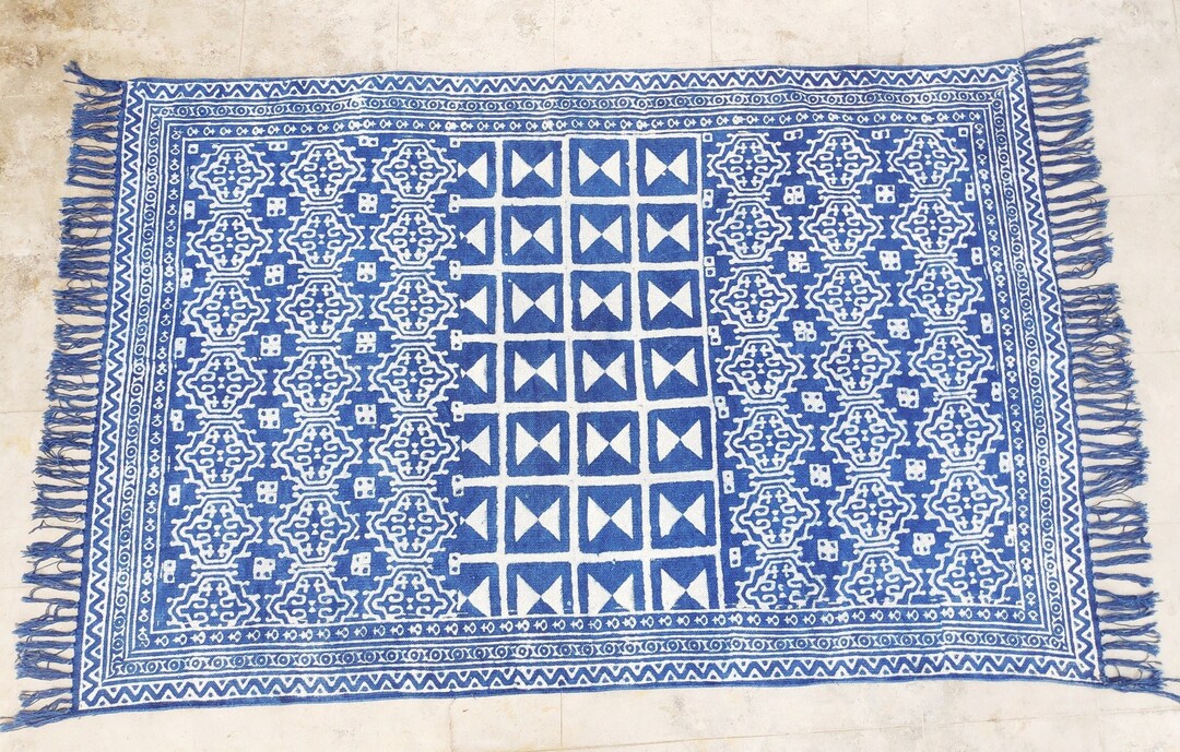 Square Large Rugs, Block Printed Cotton Indigo Rug, Square Area Rugs ...