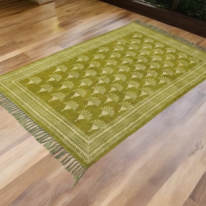 Organic Cotton Green Rug | Block Printed Rug For Living Room Bedroom Kitchen Cotton Rug image 3