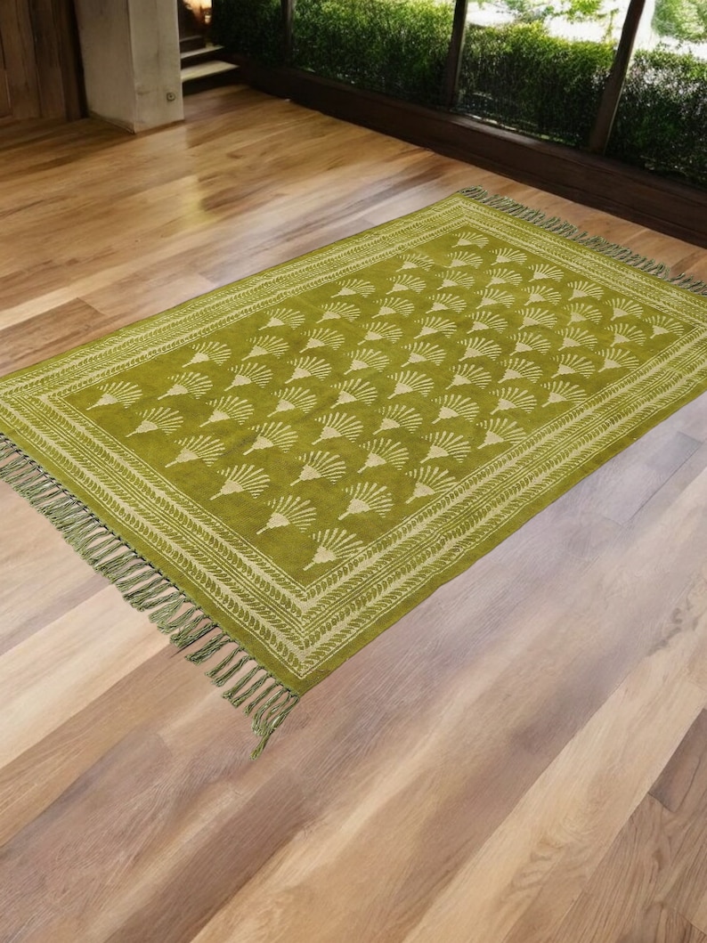 Organic Cotton Green Rug | Block Printed Rug For Living Room Bedroom Kitchen Cotton Rug image 3