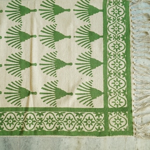 Green Rug, Hand Block Print Cotton Palm Tree Green Rug, Jaipur Rug, Green Hand Woven Vintage Rug, Boho Area Rug, Handmade Decoration Rug