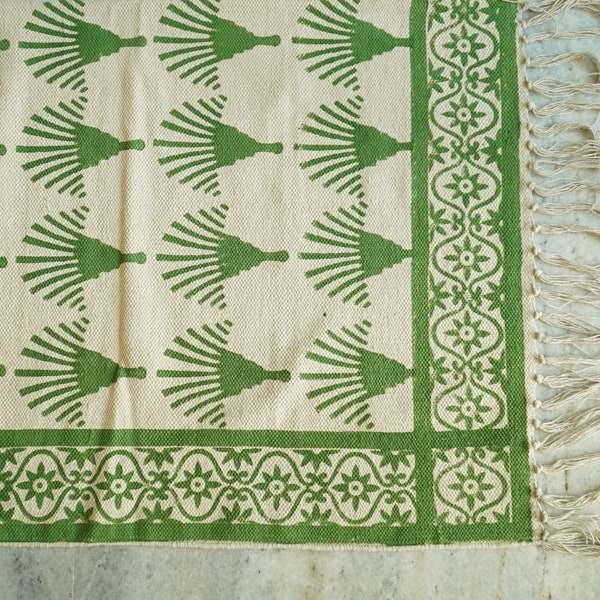 Green Rug, Hand Block Print Cotton Palm Tree Green Rug, Jaipur Rug, Green Hand Woven Vintage Rug, Boho Area Rug, Handmade Decoration Rug