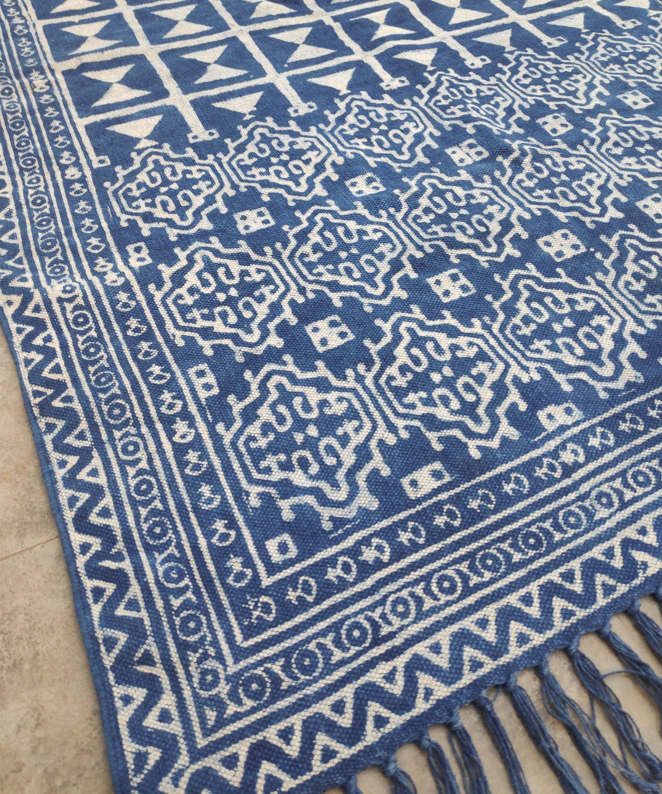 Indigo Block Print Cotton Rug, Boho Dhurrie Rug, Handmade Geometric ...
