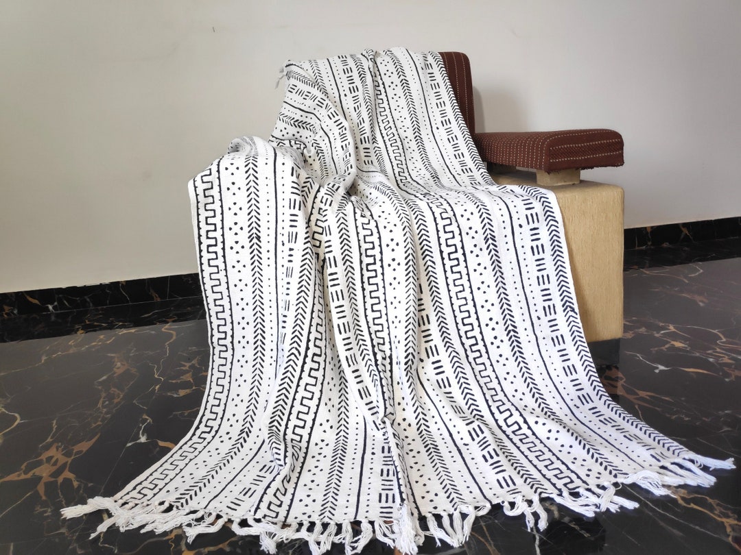 Black and White Throw Blanket, Block Printed Cotton Throw, Mudcloth ...
